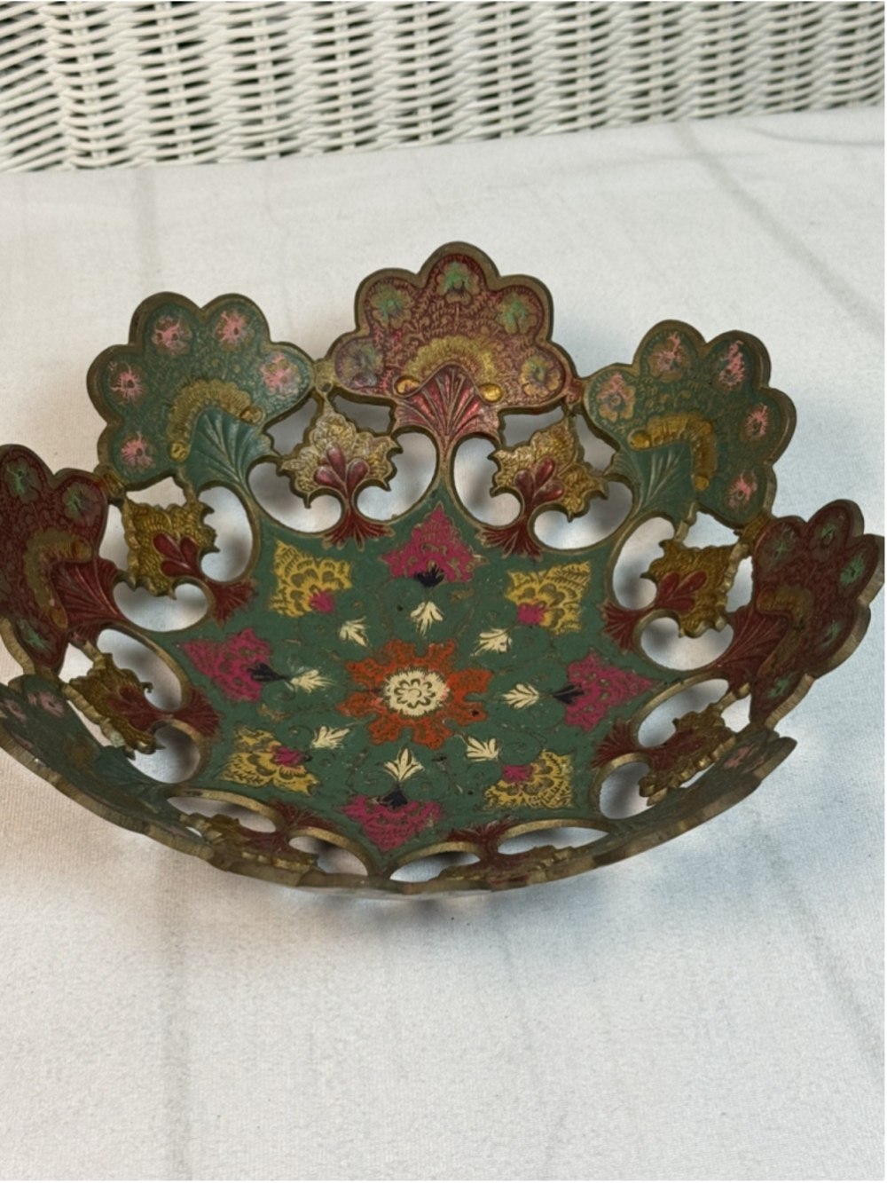 Vintage India Brass Enamel Footed Bowl Openwork Peacock Floral 9.5” Green